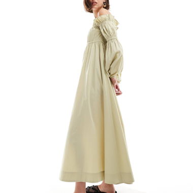 Midi slip dress with ruching and Carmen neckline
