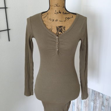 Ribbed Long-Sleeve Dress Khaki Size XXS