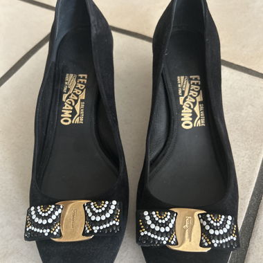 Ferragamo “Vara Bow” Studded Suede Pump Ballerinas