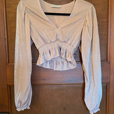 top pailletté manches bouffantes rose