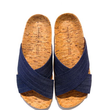 HESSNATUR organic blue denim mule cork sandals