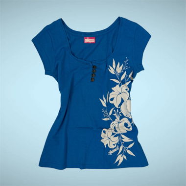 Blaues florales Henley-T-Shirt Vintage Y2K