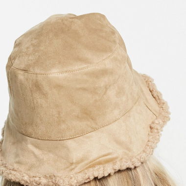 Glamorous Faux Suede Bucket Hat with Borg trim