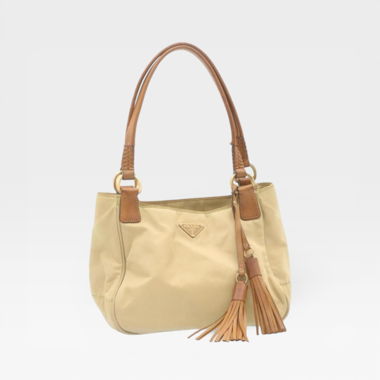 100% Original PRADA Nylon Leder Tasche Beige