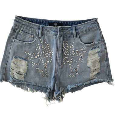 Ripped denim shorts with rhinestones, size 36