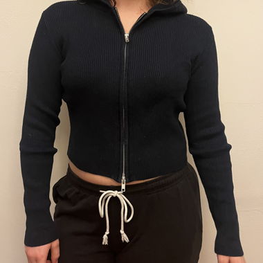 Black/blue hooded knit jacket