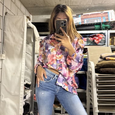VintageFloral Print Satin Blouse