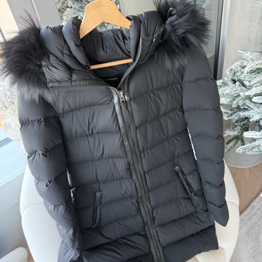 Mackage black down jacket with fur-trimmed hood