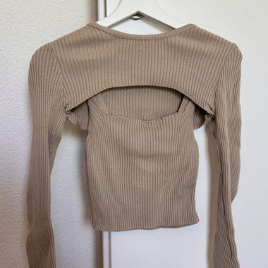 Beige Ribbed Long-Sleeve Top