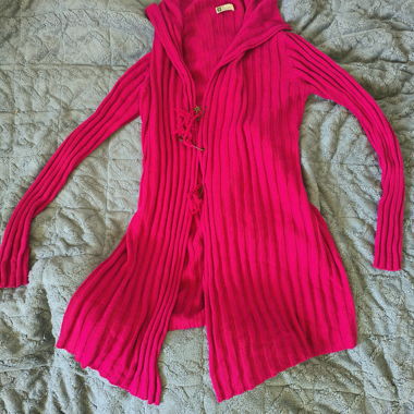 Cardigan longline in costine rosa acceso