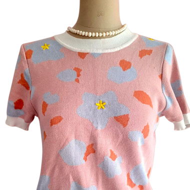 Vintage Inspired Floral Top Coral & Blue – Size M