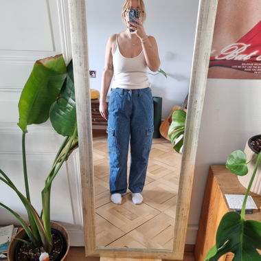 Rework blue denim cargo jeans