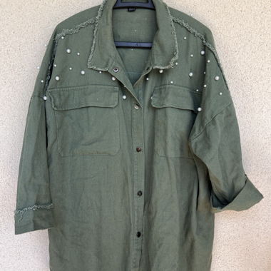 Green military shirt with pearl studs