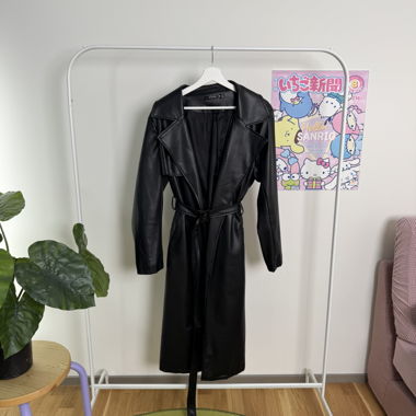 black faux leather trench coat