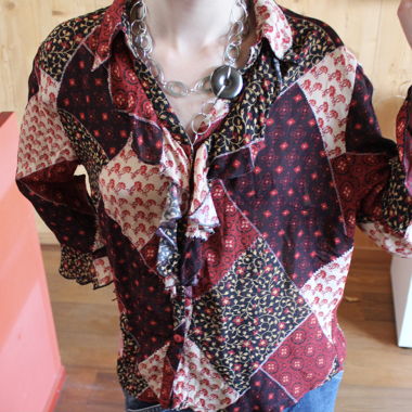 flowery button up shirt with ruffles