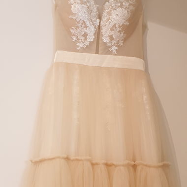 Long cream tulle dress with lace