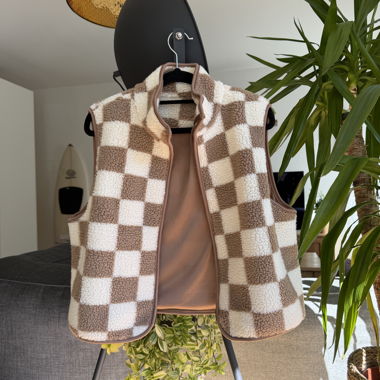 Fleece Weste Schachmuster Beige Streetwear