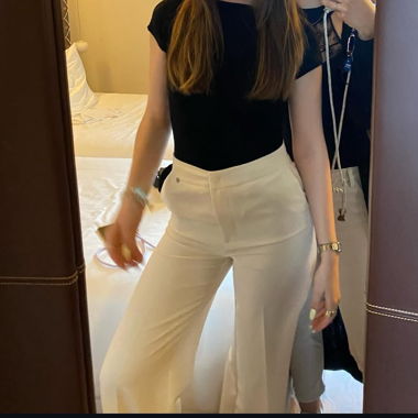Creme straight leg suit pants