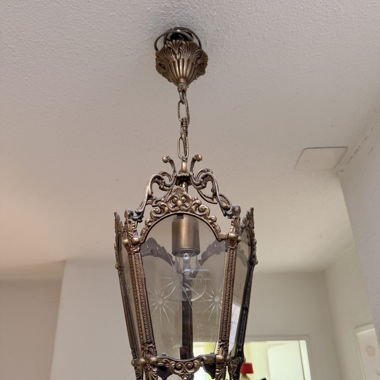 Lampadario Antico in Ottone e Vetro