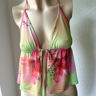 Y2K Sheer Mesh Floral Tie Halter Top