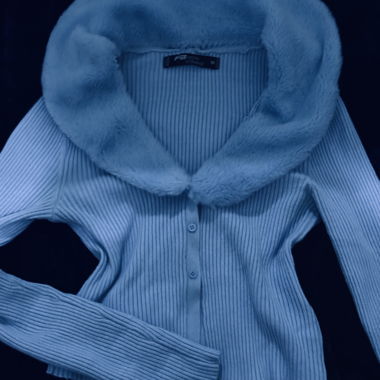Oberteil mit hellem blauem Pelzkragen
