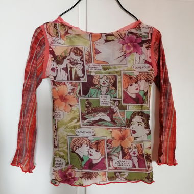 Mesh Pulli Orange mit Comic-Druck Y2K