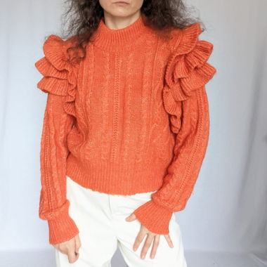 Oranger Strickpullover Gr. L Rüschen 8% Wolle