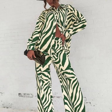 Green zebra print shirt & pants set