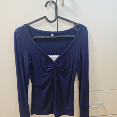 Dark Blue Long-Sleeve Top with Ruching
