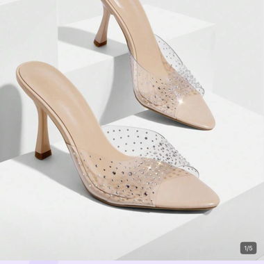 Mules con tacco nude trasparente strass