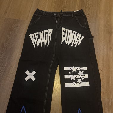 Black Jeans With Blue And White Frontprint