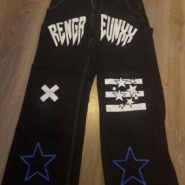 Black Jeans With Blue And White Frontprint