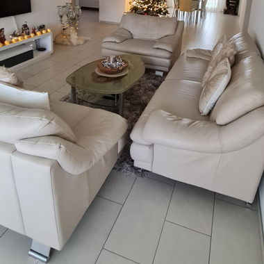 Echtleder-Couchgarnitur 3-2-1 in Creme 