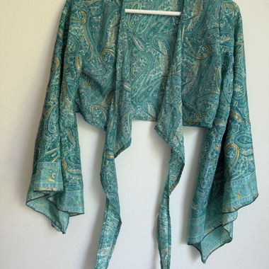 Cropped turquoise silk batwing kimono