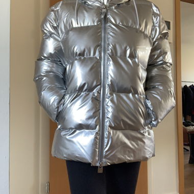 Silver hooded puffer jacket by Rains