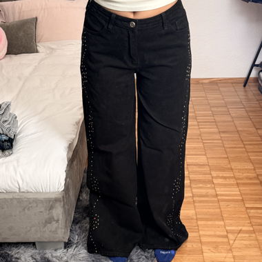 Black Rhinestone Wide-Leg Jeans