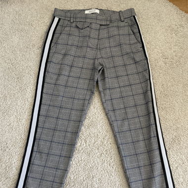 grey & blue plaid pants /black & white side lines