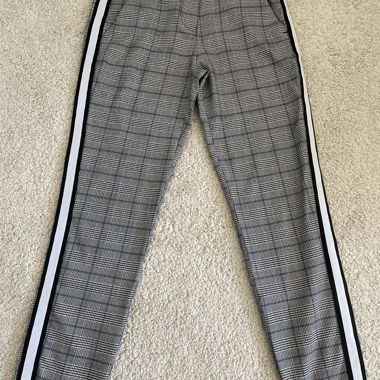 grey & blue plaid pants /black & white side lines