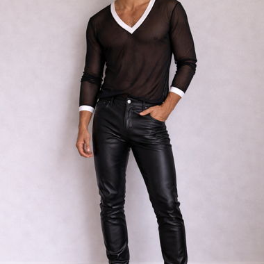 Schwarzes Mesh-Langarmshirt mit V-Ausschnitt