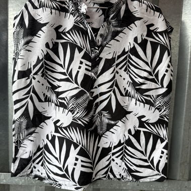 Black White Tropical Leaf Print Linen blouse  