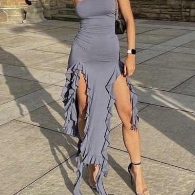 Blaue Maxi-Kleid mit Volants