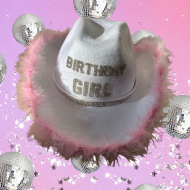 chapeau cowboy Birthday Girl rose et blanc
