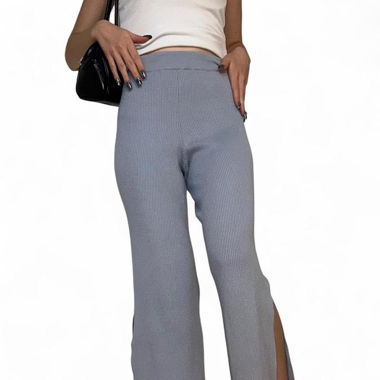 Light blue wide leg trousers with split hem