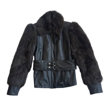 Sisley Dunkelbraune Gürtel-Lederimitatjacke mit Kunstfell