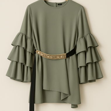 grüner Zweiteiler (Oberteil, Hose, Gürtel)