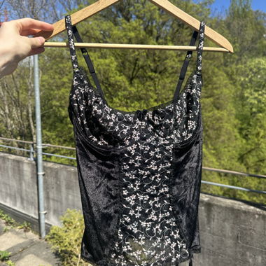 Black Satin Corset Top with Flowers