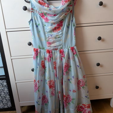 Blue and pink floral chiffon dress with scarf