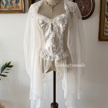 Set vintage di peignoir da sposa in nylon trasparente Taglia S