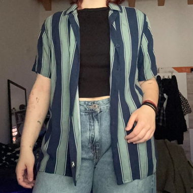 hollister striped navy blue/sage green button up