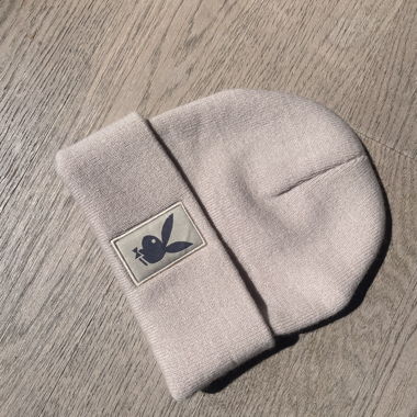 Beige Knit Beanie with Patch